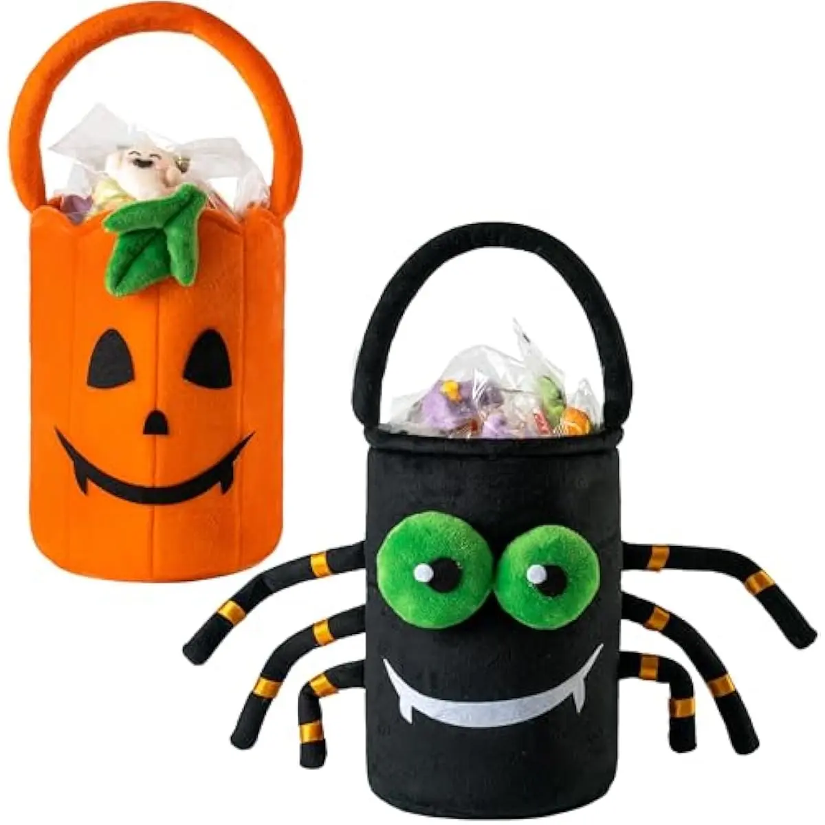 2 PCS Halloween Plush Candy Bucket, 5.9" X 8.7" Tote Bucket, Spider and Pumpkin Halloween Basket with Handle, Trick or Treating Gift for Kid Party Favor Supplies Decor