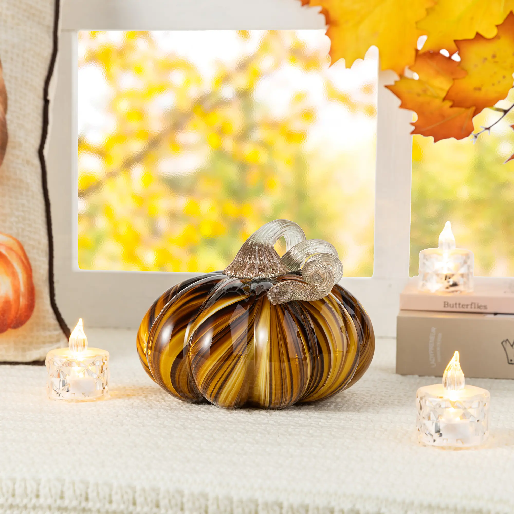 Glitzhome Multi-Brown Striped Glass Pumpkin Decor, 5.75"D x 4.75"H Festive Centrepieces, Pumpkin Centerpiece Ornaments for Room Decor