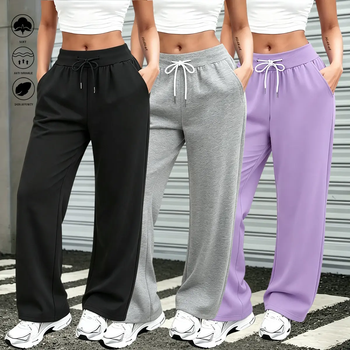 3-pack women’s wide-leg athletic casual pants with drawstring waist and pockets, suitable for everyday wear and fitness workouts; women’s long pants, women’s bottoms,clothes for back to school,first day of school outfits