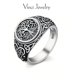 925 Sterling Silver Tree of Life Ring, Vintage Wide Celtic Knot Band Ring for Men Women, Antique Steel Norse Runes Amulet Ring Icelandic Charm Jewelry Fashion Trendy Accessories Creative Gift