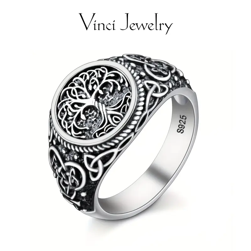 925 Sterling Silver Tree of Life Ring, Vintage Wide Celtic Knot Band Ring for Men Women, Antique Steel Norse Runes Amulet Ring Icelandic Charm Jewelry Fashion Trendy Accessories Creative Gift
