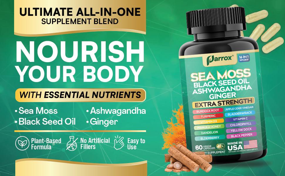 PARROX Sea Moss Supplement - All-in-One Multivitamin with Black Seed Oil, Ashwagandha & 15+ Extra Strength Ingredients - 60 Capsules - Made in USA PARROX Sea Moss Supplement - All-in-One Multivitamin with Black Seed Oil, Ashwagandha & 15+ Extra Strength Ingredients - 60 Capsules - Made in USA