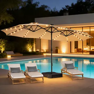 【Bright Lights】15ft Large Double-Sided Patio Umbrella, UPF 50+ UV Protection, 12 Sturdy Ribs, Smooth Crank & Included Base, Solar LED Market Umbrella for Backyard, Poolside, Garden