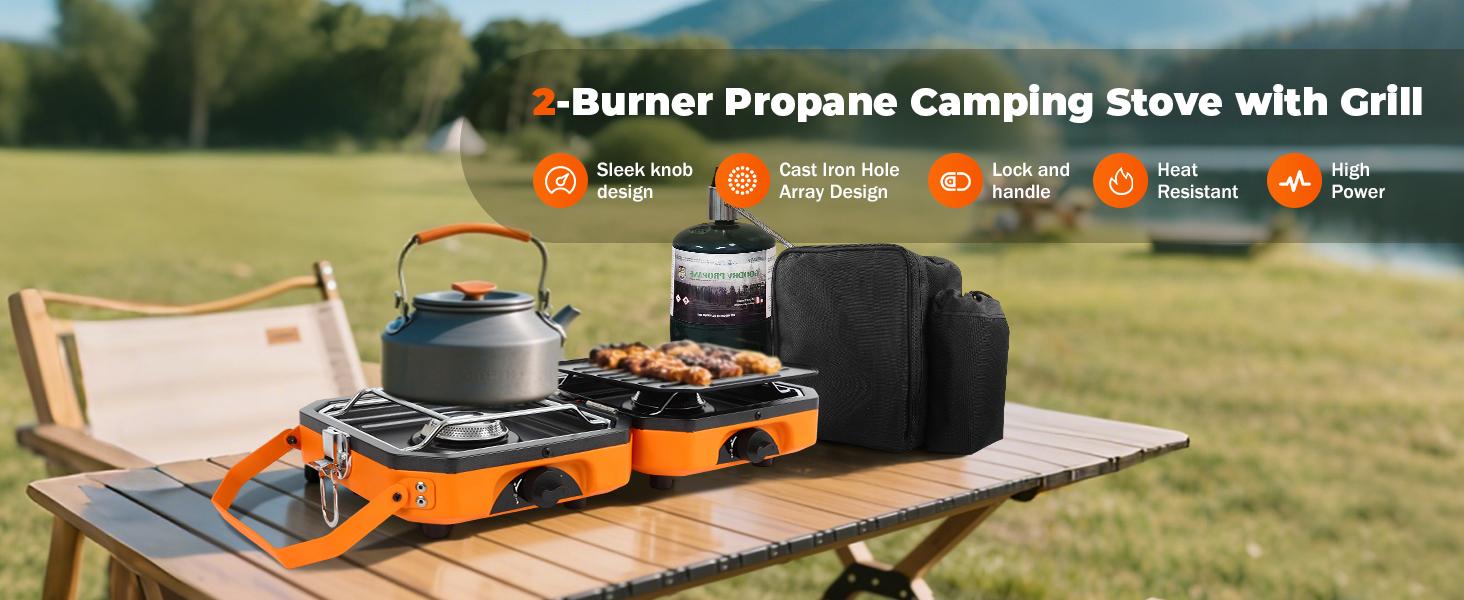 Camping Stove, 2 Burner Propane Stove With Grill,Foldable Camping Stove Propane Includes Carry Bag Stove with Griddle ,Adjustable Burners & Piezo Ignition for Tailgating,BBQ,Camp