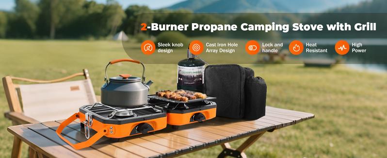Camping Stove, 2 Burner Propane Stove With Grill,Foldable Camping Stove Propane Includes Carry Bag Stove with Griddle ,Adjustable Burners & Piezo Ignition for Tailgating,BBQ,Camp