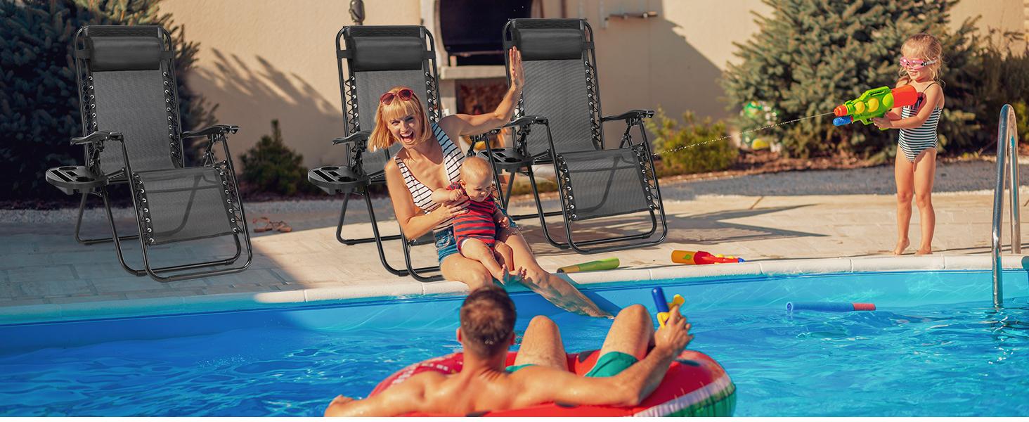 Outdoor Zero Gravity Chairs, Set of 2 Portable Recliner Beach Camping Patio Outdoor Folding Lounge Chair with Cup Holder Trays and Adjustable Pillow