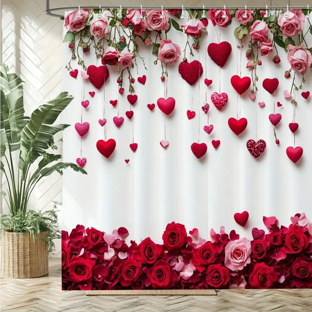 1pc Decorative Thick Red Rose & Heart Polyester Shower Curtain (66in Width x 72in Height) with Stainless Steel Hooks, Elegant Floral Bathroom Supplies, Machine Washable Easy-Hanging Bathroom Decor for Wedding Anniversary, Valentine's Day