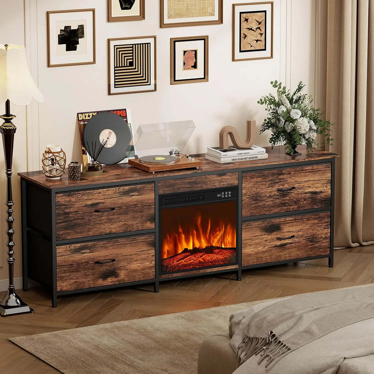 fireplace dresser Fireplace TV Stand for TV Up to 75/80 inch, TV Stand Dresser with 4 Fabric  Storage Drawers, Entertainment Center with 18 inch Electric Fireplace for  Living Room, Bedroom, Rustic Brown
