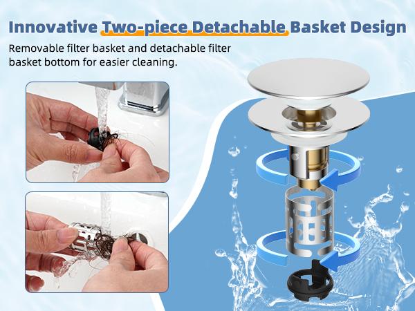 Hibbent Universal 3-in-1 Bathroom Sink Strainer  Universal Pop Up Sink Stopper with Big Push Cap Anti-Clogging Metal Filter Basket,Sink Plug with Hair Catcher for 1.1''~2.36'' Basin, Chrome