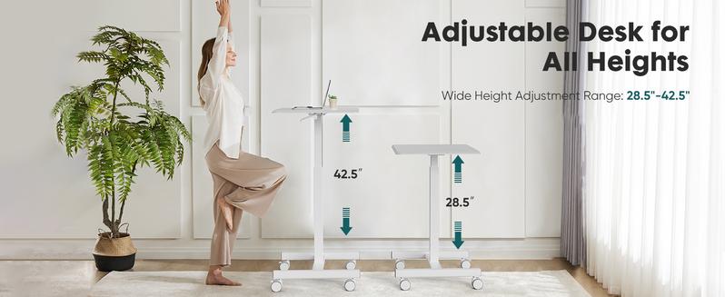 HomeSquad Portable Rolling Workstation- Adjustable Standing Desk with Wheels- Mobile Laptop Cart- Rolling Podium Stand- Adjustable Height Overbed Table