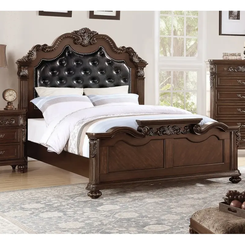 Bellemave King/Queen Size Tufted Faux Leather Headboard Wooden Platform Bed - Elegant Glam Antique Carved Dark Walnut Eastern Design, 90x84in Indoor Furniture, 1pc, Assembly Required, Beds,dorm essentials,home decor