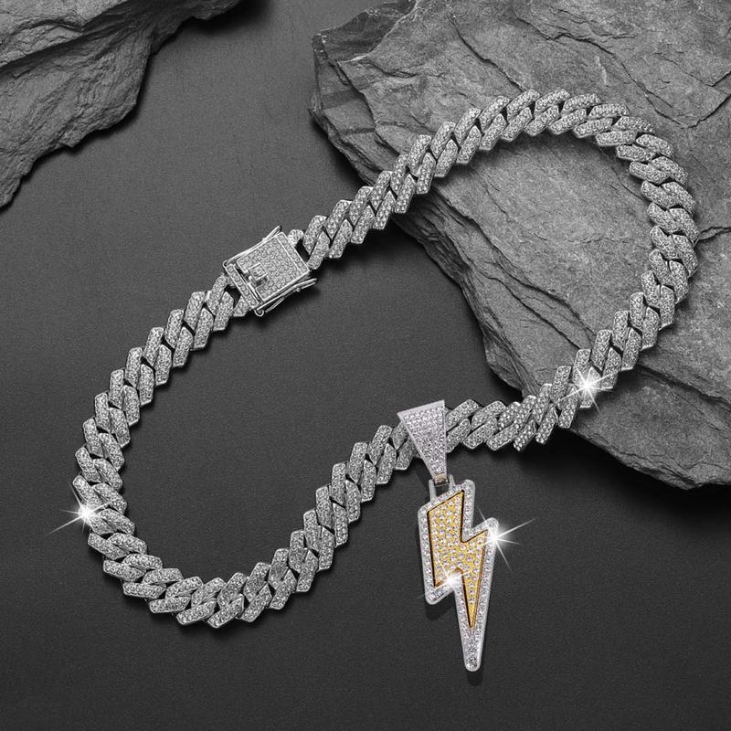 Bling Lightning Bolt Necklace Thick Cuban Link Chain Rapper Hip Hop Costume Jewelry with Sparkly Lightning Charms for Men Women Hip Hop Jewelry