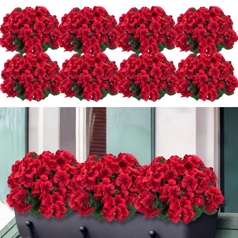 8 Bundles Artificial Geranium Flowers For Outdoors Geranium Flowers Outdoor Red Artificial Flowers UV Resistant Garden Plants Faux Flowers For Home Kitchen Table Centerpieces Patio Decor