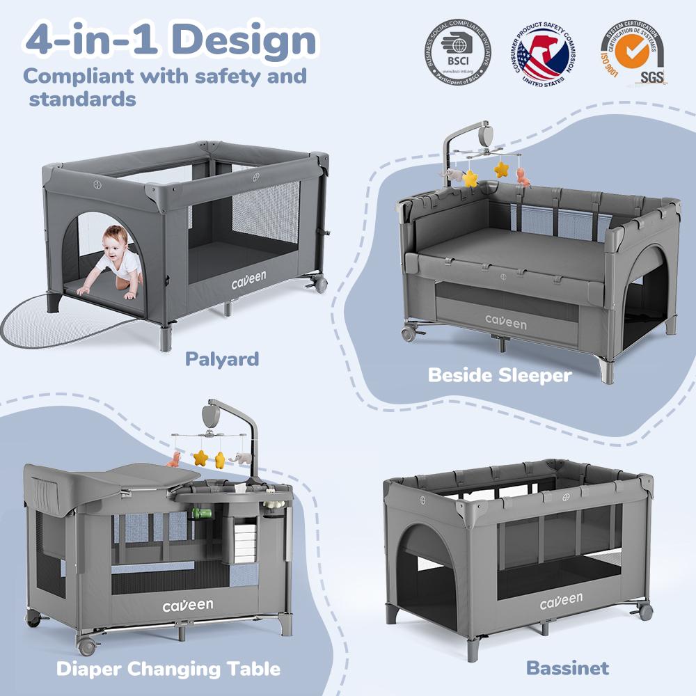 CAVEEN 5 in 1 Baby Playard, WIth Baby Bassinet, Portable Bedside Sleeper Baby Crib, with Removable Changing Station & Storage Organizer, Grey
