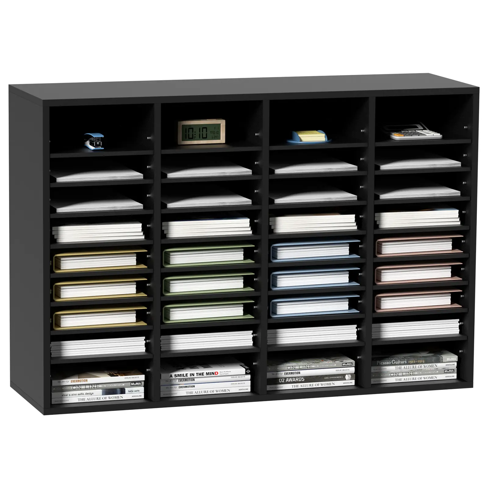 【Summerfinds】VEVOR 36-Compartment Wood Desk Organizer Tidy - 39.3''x12''x26.8'' Multi Compartment Office Supply Holder, Removable Shelves, Adjustable Dividers, Mailbox Slot, EPA Certified Black Spot Clean Accessory for Office, Home Desks, Desktop Accessor