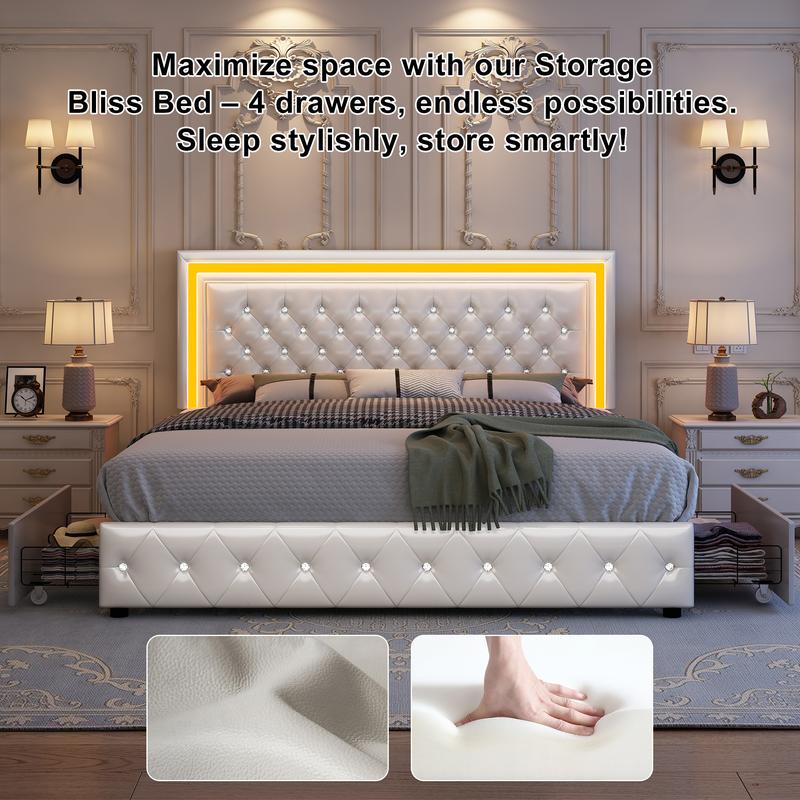 GEGOFORU Queen LED Smart Bed with RGB Lights, Adjustable Upholstered Headboard, App & Bluetooth Control, 4 Under-Bed Storage Drawers, Whisper-Quiet Design, PU / Velvet, No Box Spring Needed – White GEGOFORU Queen LED Smart Bed with RGB Lights, Adjustable Upholstered Headboard, App & Bluetooth Control, 4 Under-Bed Storage Drawers, Whisper-Quiet Design, PU / Velvet, No Box Spring Needed – White