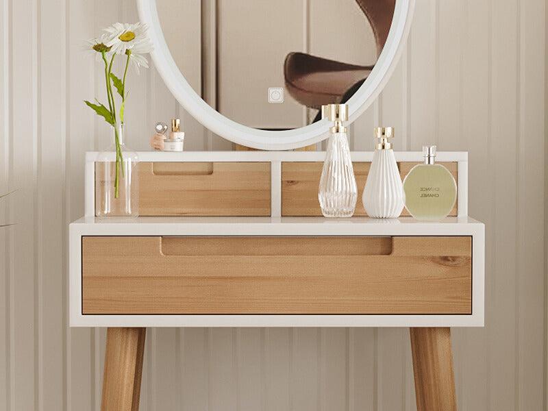Small Makeup Vanity Desk with Lights, Compact Vanity Desk with Adjustable Brightness Mirror for Small Spaces, Dressing Table with Drawers and Storage Shelves IF041