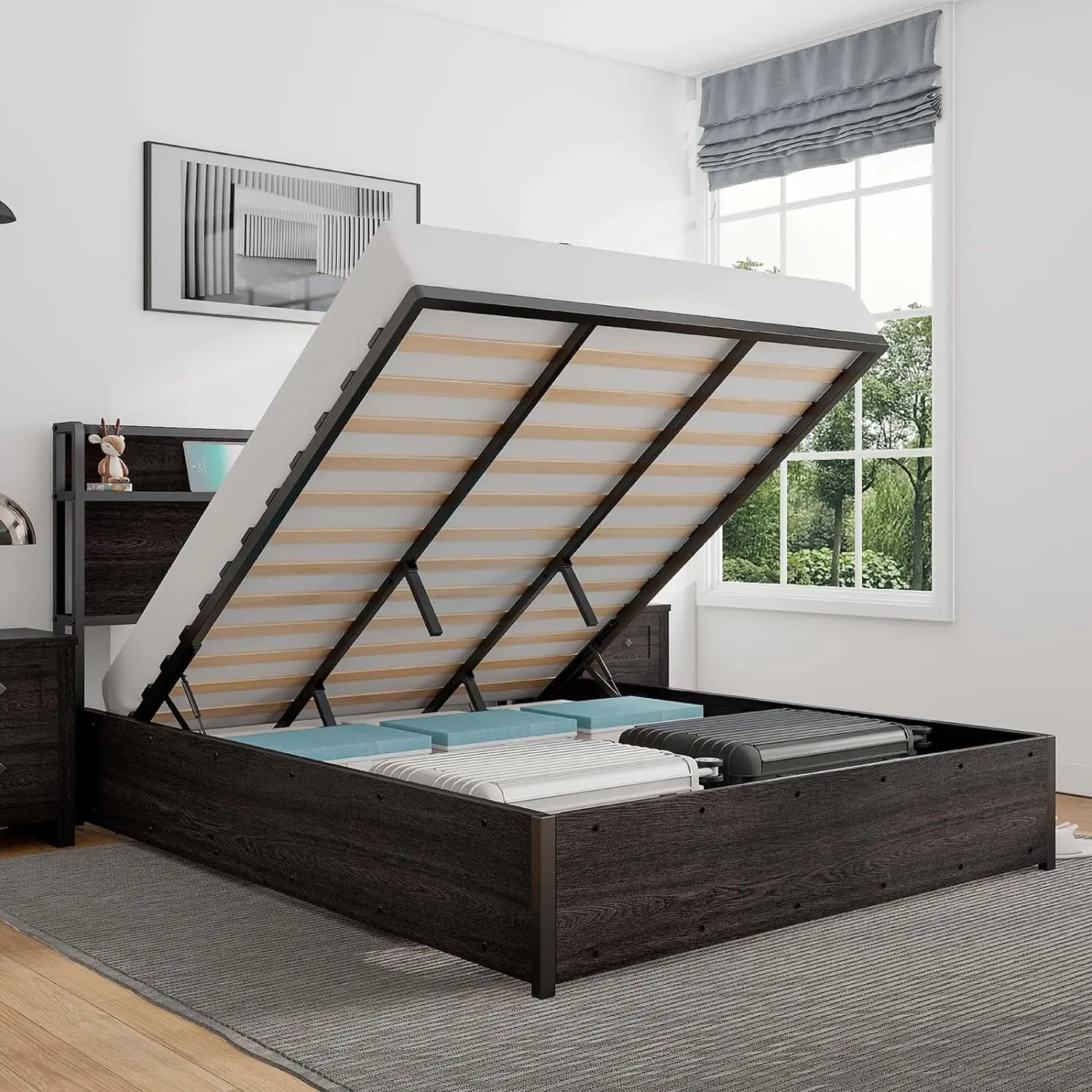 AMERLIFE Full Size Lift Up Storage Bed, Wood Platform Bed Frame with Storage Headboard & Charging Station, No Box Spring Needed, Easy Assembly/Best Gift Ideas/Christmas Gifts[tiktokshopbacktoschool][SohoChic]
