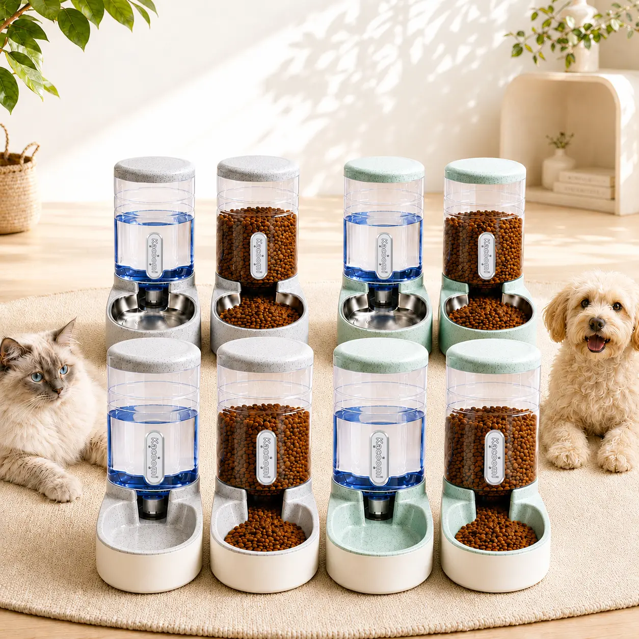 Kacoomi 2-Pack Polypropylene Indoor Gravity-Fed Pet Food Feeders & 1 Water Dispenser Set, 3.8L Each with Transparent Design & Easy-to-Clean Stainless Steel Bowls for Cats & Small Dogs, Uncharged