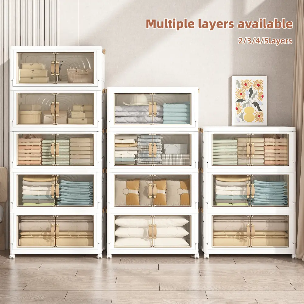 2/3/4/5-Tier Foldable Plastic Cupboard Cabinet, Freestanding Modern Rolling Storage Cupboard, Transparent Doors with Magnetic Closure, Easy Assembly, Space-Saving for Bedrooms, Kitchens, Freestanding Storage Cupboard