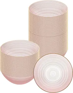 Plastic Bowls 20 Pcs 16 oz Gold Rimmed Disposable Soup Bowls Heavy-Duty Pink Translucent Rippled Dinnerware Containers for Party, Desserts, Salads, Snacks, and Catering
