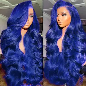 Navy Blue 13x6 HD Glueless Lace Front Wig Body Wave Dark Royal Blue Colored Human Hair Wigs For Women Pre Plucked Transparent Lace Frontal Brazilian Human Hair Wigs Wear To Go 180 Density