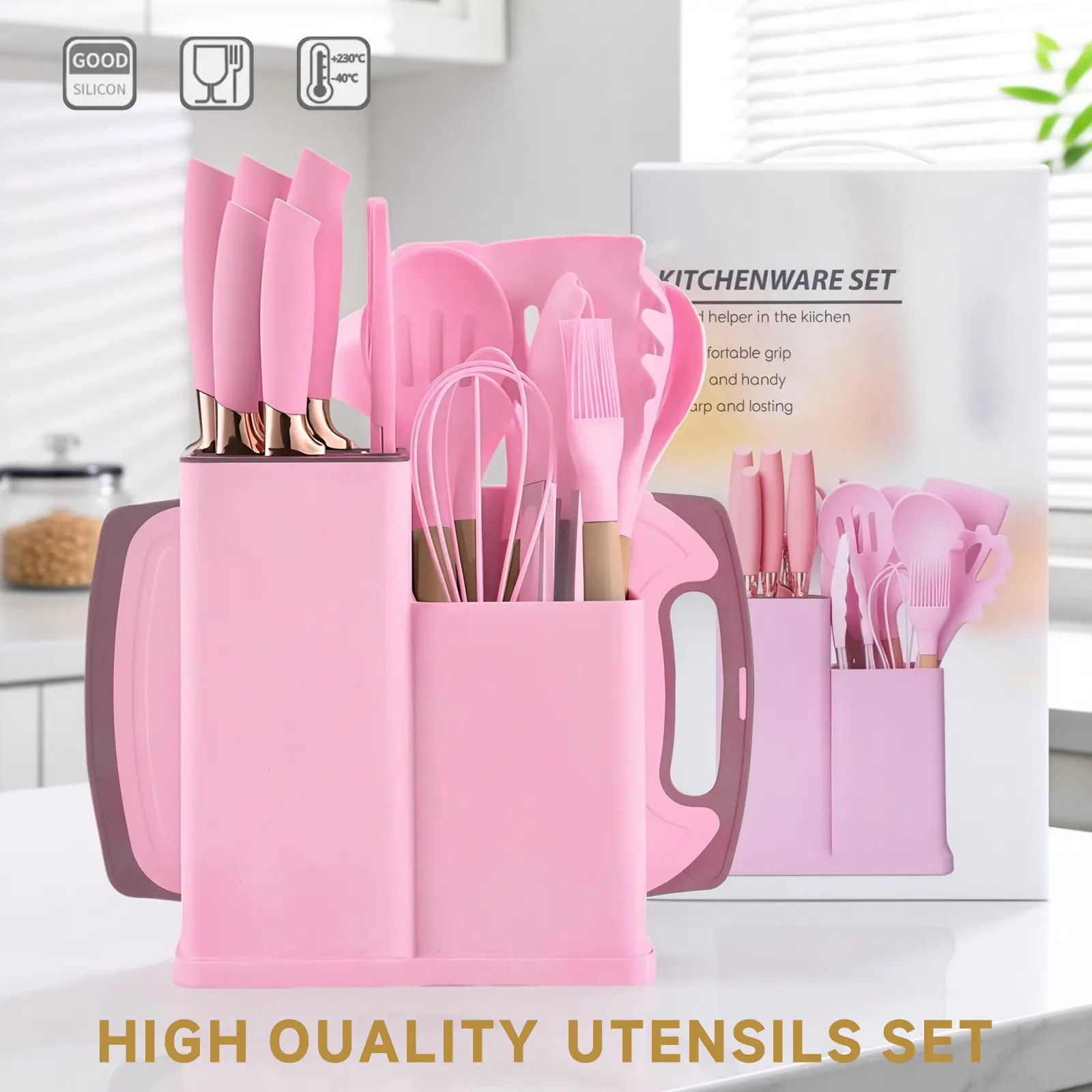 19-Piece Kitchen Knife Set with Heat-ResistantSilicone Cutlery & Wooden Handles -IncludesChef Knife, Non-Stick Compatible Tools, potspans set Valentine's Day and More Cookwarenon stick pots and pans Kitchenware NonstickLadle Stylish  Pink Kitchen