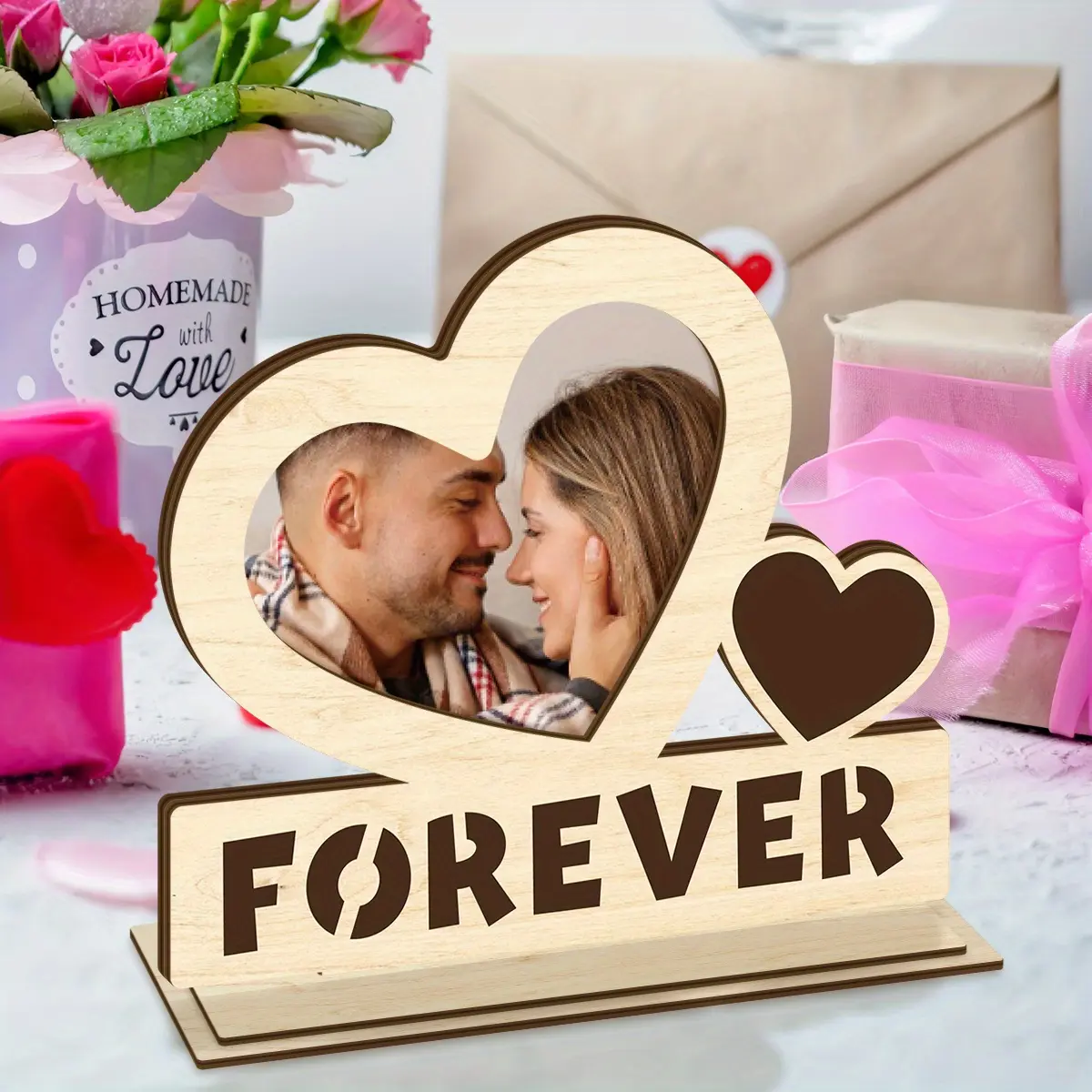 "forever" Charming Wooden Photo Frame Featuring a Heart Motif, Romantic Decor for Tables, Perfect for Couples, Anniversaries, Or Weddings, Great Gift Choice for Him Or Her