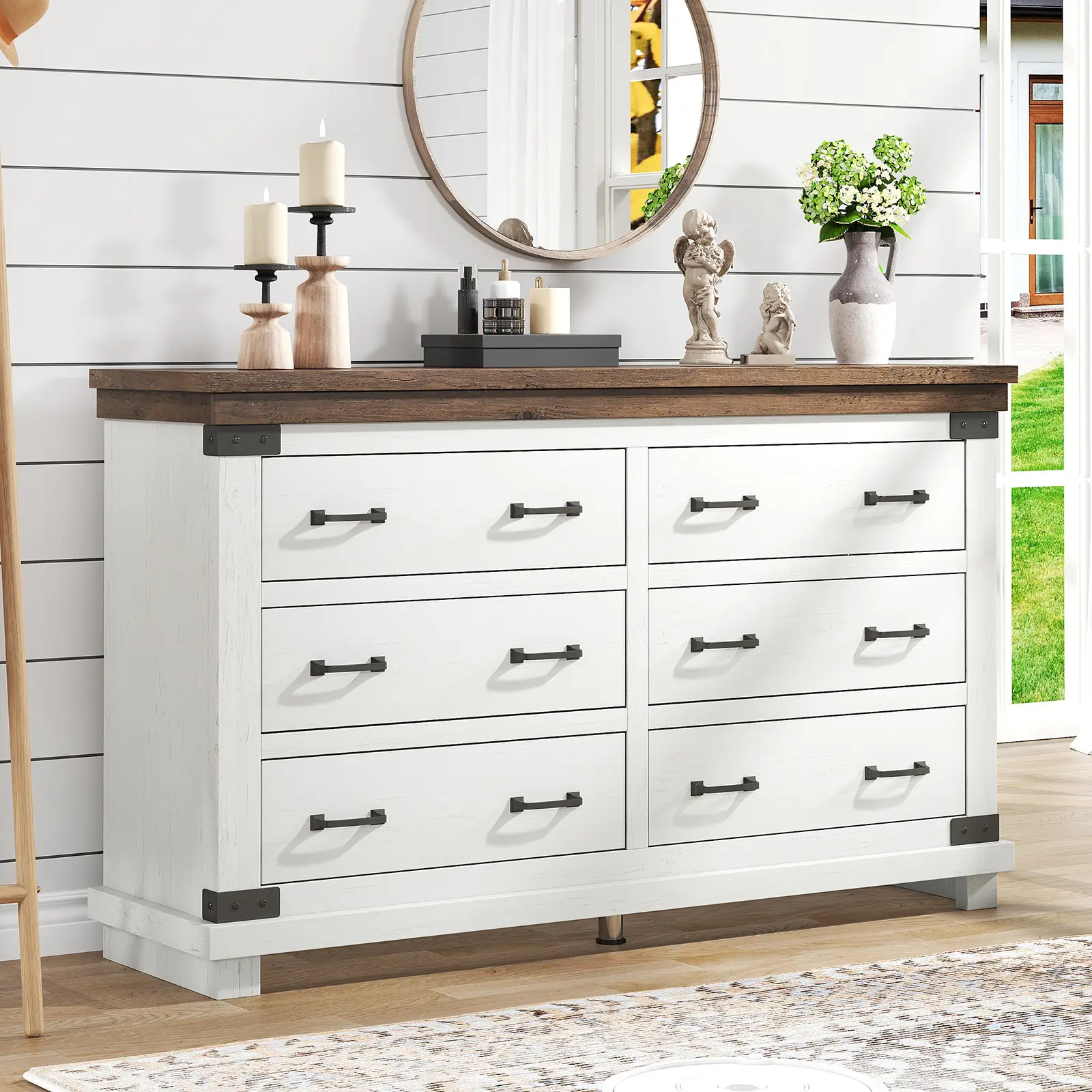 Amerlife Farmhouse Rustic Wood Cupboard - Sturdy Closet Storage Cabinet with Rectangle Frame, 54" Display Top, Thick Planks, Thick ft, Nailheads, Smooth Sliding Door, Drawers, Multifunctional Indoor Furniture for Bedroom, Living Room, Organiser