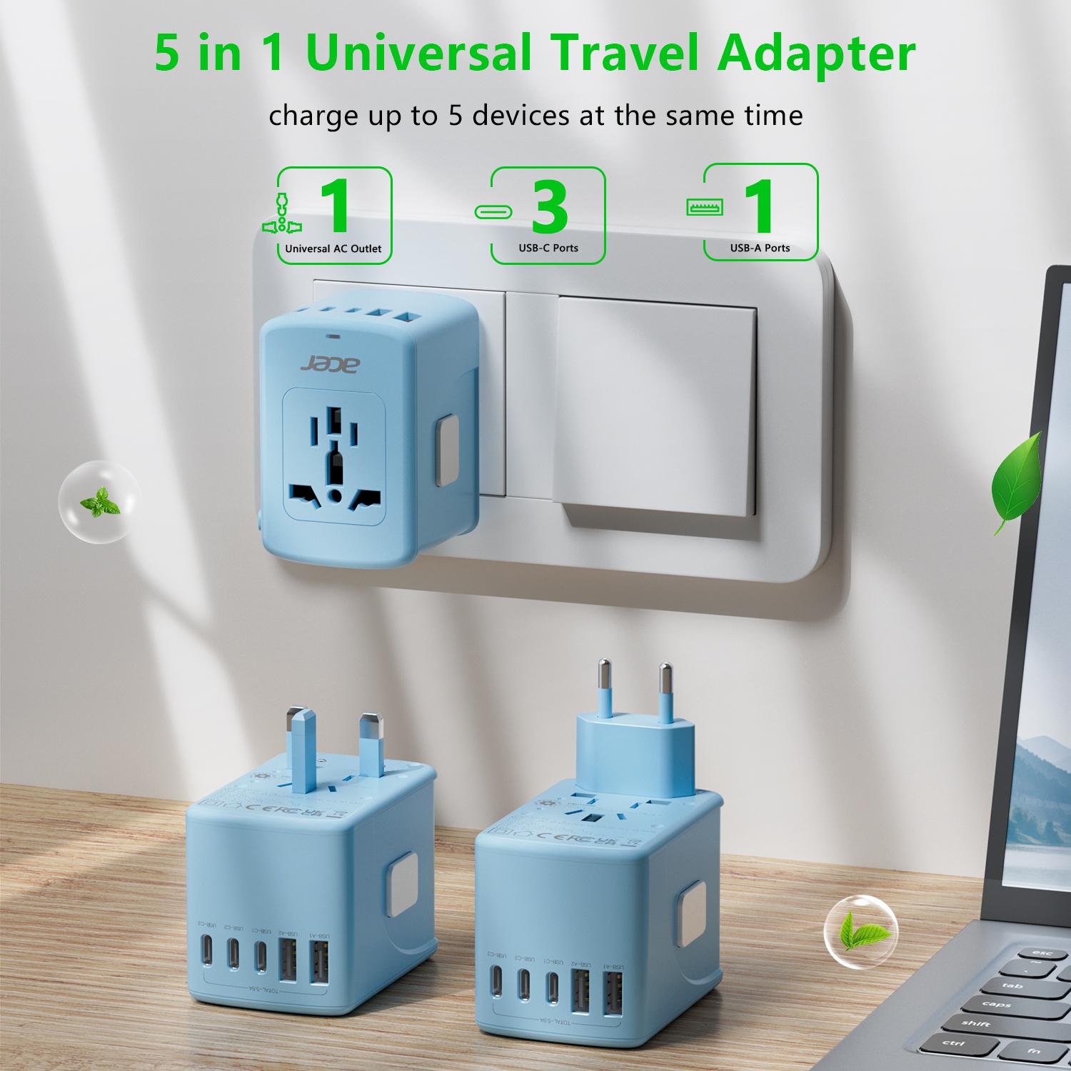Acer Christmasparade Universal 12 in 1 Travel Adapter With 5 USB Ports (3 USB C), 100-250V Input & 29W Output, US/EU/UK/AU Plugs, International Power Adapter, Worldwide Outlet Charger For USA To European UK France Germany Spain, Black，Pink，Blue，Purple