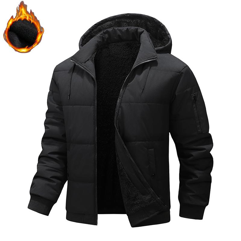 TJL Men's Winter Insulated Jacket with Detachable Hood Black Thick Outdoor Warm Coat Medium Size Fleece Lined Polyester Fiber Easy Machine Washable Cold Weather Wear Casual Style Classic Zipper Long Sleeve