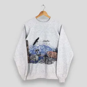 Women's Casual Fitted Cotton Vintage 90s Alaska Wildlife Habitat Gray Sweatshirt, XL, Deer Wolf Animal Graphic Print, Forest Mountain Jumper, Women's Tops - KitchenEra