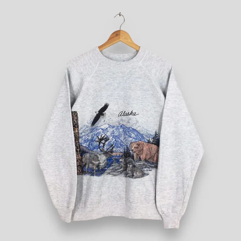 Women's Casual Fitted Cotton Vintage 90s Alaska Wildlife Habitat Gray Sweatshirt, XL, Deer Wolf Animal Graphic Print, Forest Mountain Jumper, Women's Tops - KitchenEra