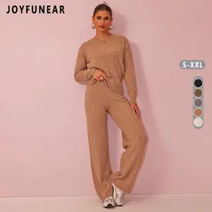 Joyfunear Women's Cable-Knit Loungewear Set - Crew Neck Sweater & Wide-Leg Pants for Everyday Comfort and Style