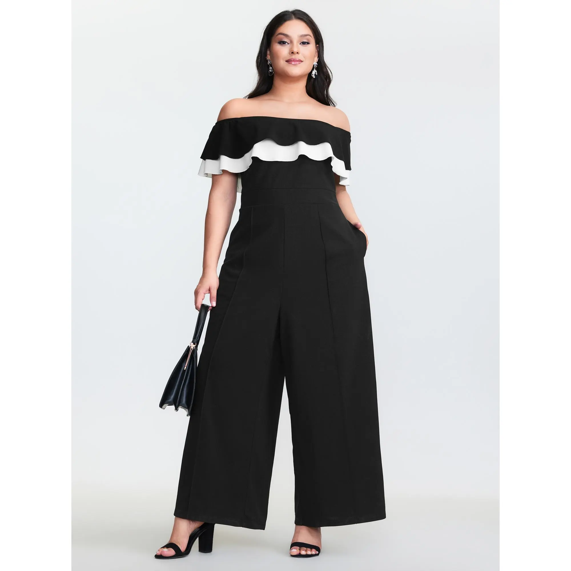 BloomChic Women's Plus Size Jumpsuit, 1-Shoulder Maxi with Tiered Ruffle Sleeve, Timeless Solid Black Wide Leg in Low Iron Spandex Fabric, Garment, Pocket, Plus Size Clothes, Jumpsuits For Women, Curvy Women Plus Size