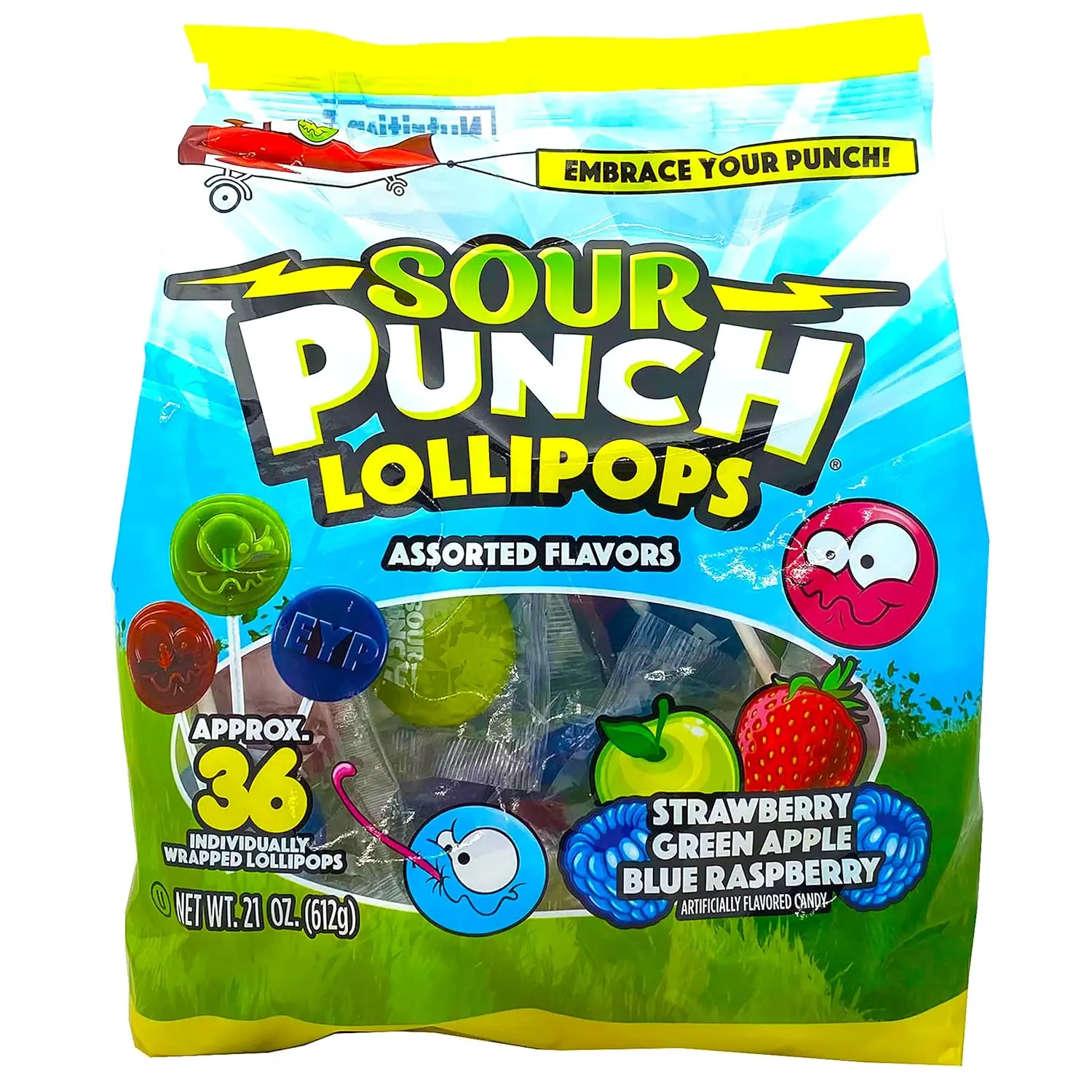 Adams & Brooks, Inc. Sour Punch Lollipops Sour Fruit Flavors Strawberry, Green Apple, Blue Raspberry Sour Lollipops, Sour Punch Pops Individually Wrapped 36 Count