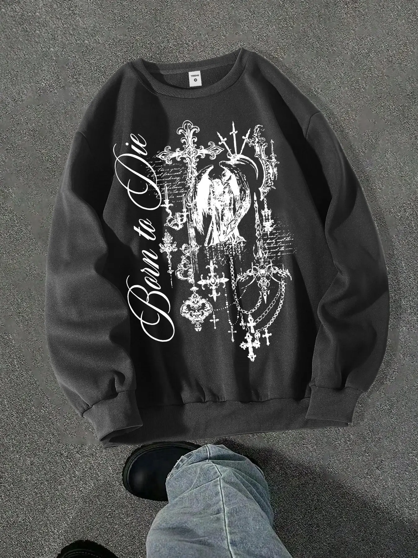 'born to Die' Gothic Angel Long Sleeve Crew Neck Classic Casual Sweatshirt, Cross Chain Print, Loose Grunge Streetwear Pullover