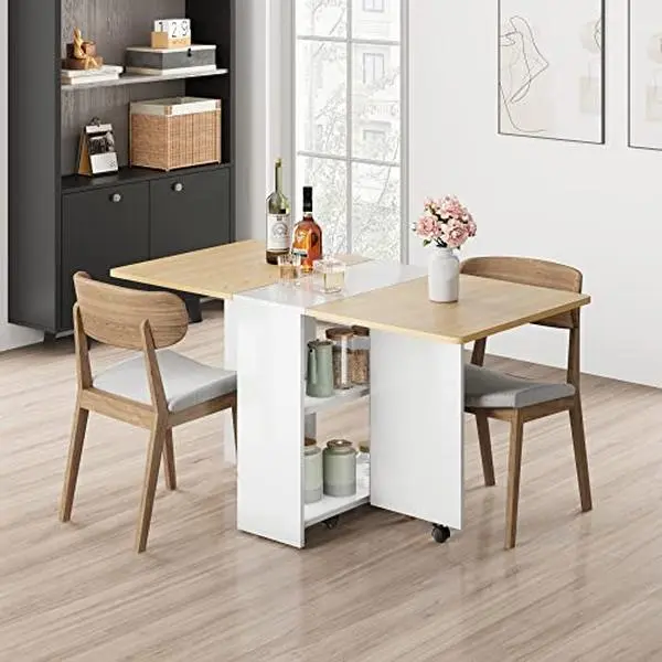 Extendable Folding Drop Leaf Dining Table - Indoor Furniture with 6 Wheels, Thick Top, Stable Tabletop, 150 lbs Capacity, Hassle-Free Setup & Maintenance, Seats 4-6, Space-Saving for Small Spaces, Multi-Use as Writing Desk, Assembly Required
