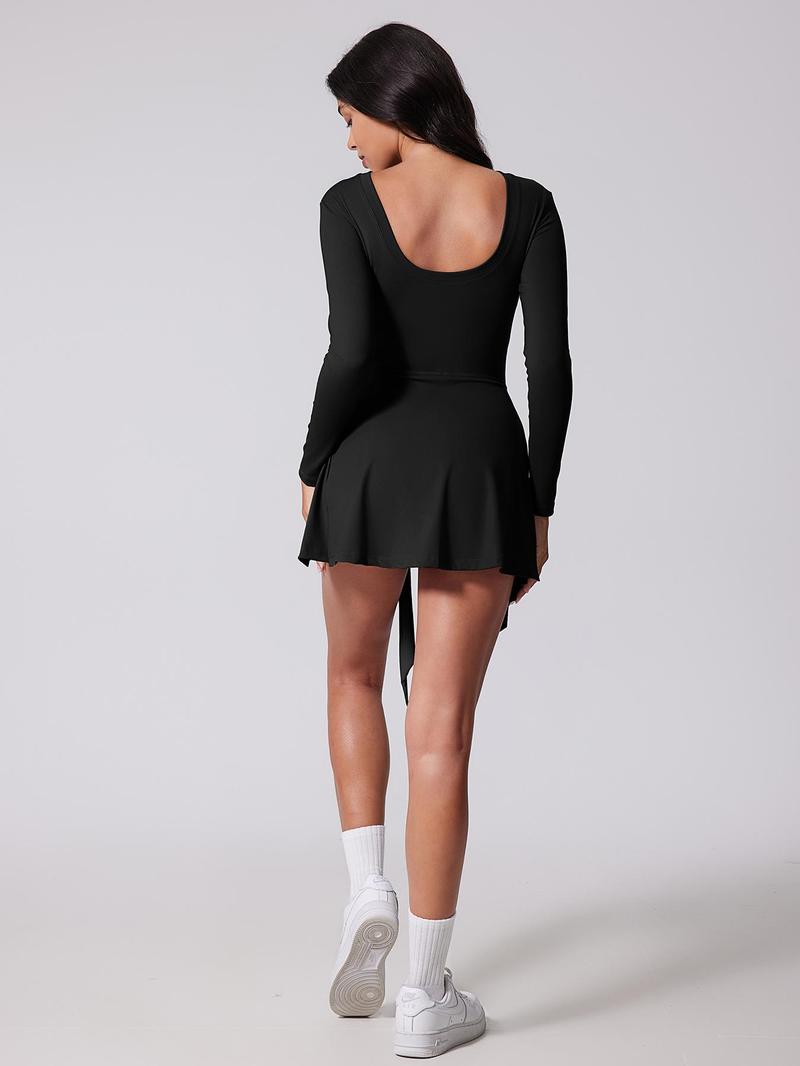 Kabuer Women's Black Long Sleeve Tennis Dress with Ruffle Side Slit & Built-in Shorts for Yoga Golf Athletic Activities Homecoming Dress Activewear Machine Washable High Stretch Knit Fabric