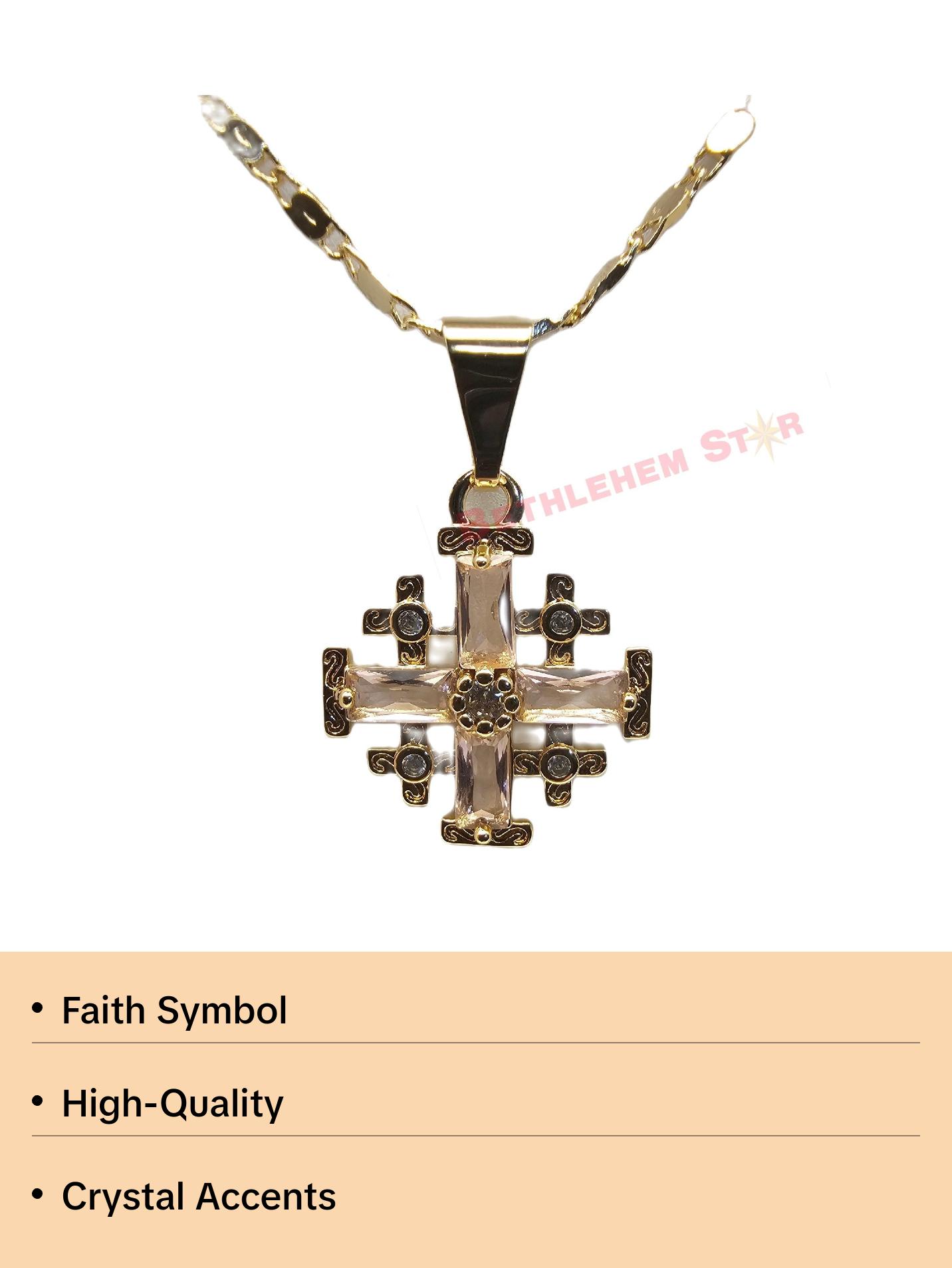 Gold Plated Jerusalem Cross Pendant light Pink Garnet Crystallized 20"Necklace