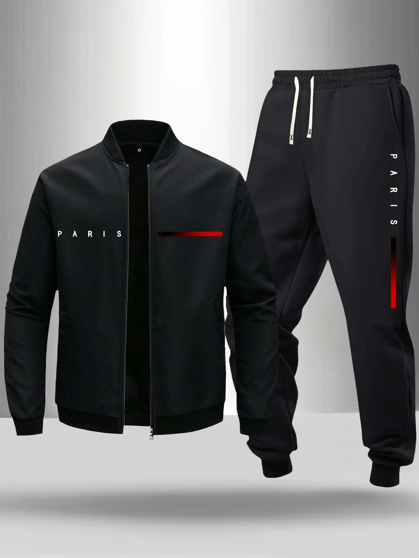 Men's Paris letter pattern colorful striped print bomber jacket with elastic waistband jogger pants two-piece set suitable for spring and autumn casual outdoor daily wear