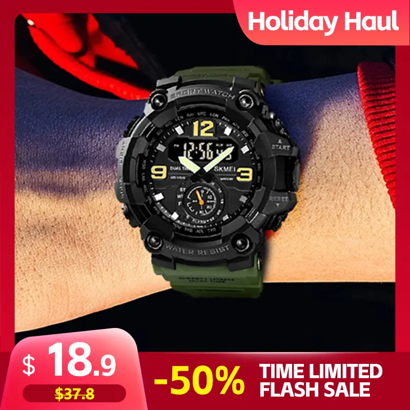 SKMEI Men's Durable Sports Watch - 5ATM Waterproof, Shockproof, Dual Time Zone, LED Luminous Dial, Multi-Function with Timer, Alarm, Calendar, Week Display, Outdoor Rugged Black Wristwatch