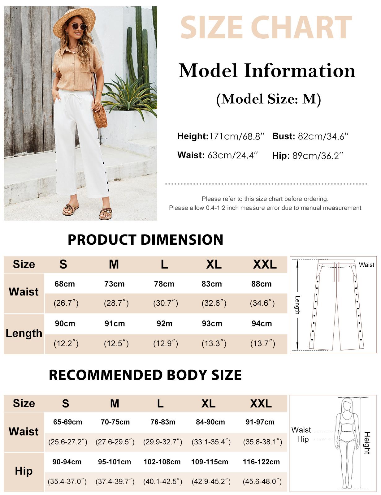 Women's Summer Trousers, Women's Summer 7/8 Cropped Wide Leg Trousers Elastic Waist Cotton Casual Trousers Lightweight Boho Trousers Beach Trousers with Pockets and Decorative Buttons