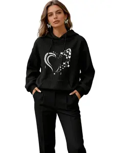 Waffle Knit Heart Butterfly Hoodie – Long Sleeve Drawstring Hooded Sweatshirt for Women,Loose Fit Casual Pullover with Kangaroo Pocket, Soft Waffle Texture Hoodie Top