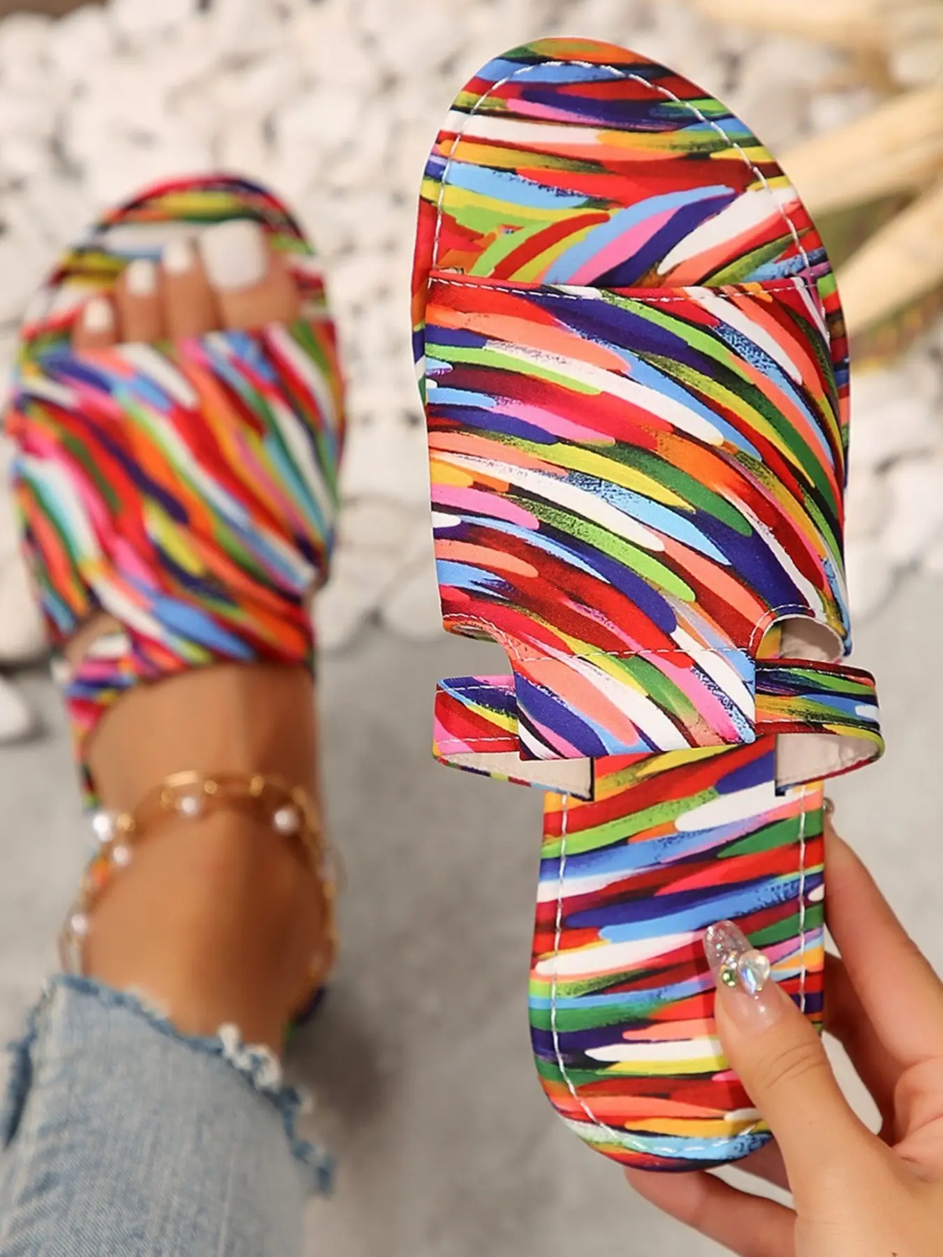 Women's Round Toe Multicolor Irregular Print Flat Lightweight Trendy Beach Slides Sandals, Comfortable Textile Upper, Rubber Sole, Medium Width, Less Than Ankle Height