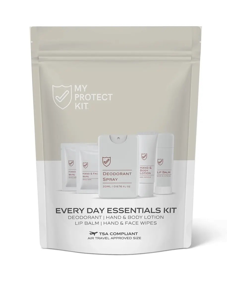 My Protect Kit Travel Body Care Kit with Deodorant Spray, Hand and Body Lotion, Lip Balm, and 5 Hand and Face Wipes Skin Repair Cosmetic