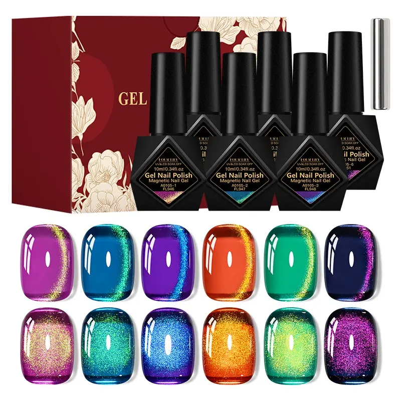 FOURLILY 7pcs Gem Cat Eye Gel Nail Polish Kit, Nail Gel Polish Set, Nail Art, Nail Art Manicure, Includes Magnetic Stick, 6 Colors 10ML Each Cat Eye Gel, Glass Bead Jelly Effect Soaking UV/LED Gel Polish, for DIY & Salon Use, Ideal Gift for Women & Girls