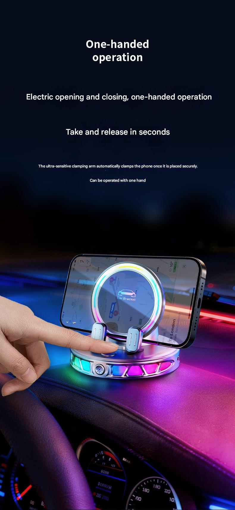Electric Magnetic Wireless Charging Car Phone Mount with RGB Ambient Light – Ultra Stable Vacuum Suction