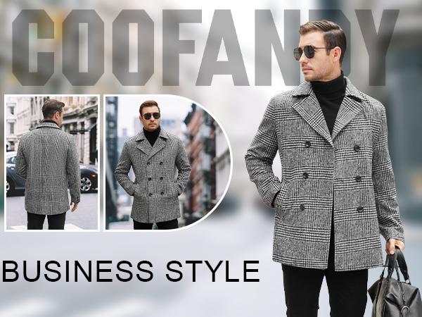 COOFANDY Fall Outfits Thin Men's Coats Double Breasted Pea Coat Winter Overcoat Short Trench Coat Notched Collar Gift Ideas