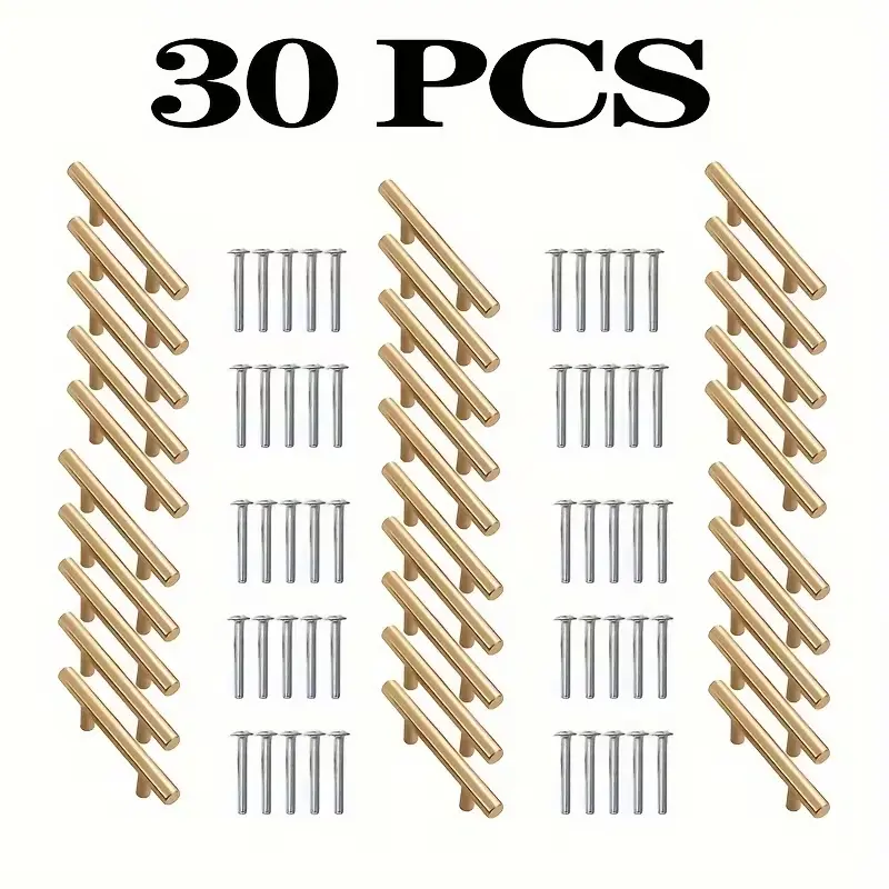 30-Pack Ready T-Shaped Gold Rust-Resistant Stainless Steel Cabinet Knobs and Pulls - 128mm/5in Stylish Contemporary Easy-Install Door Hardware for Kitchen, Wardrobe Doors